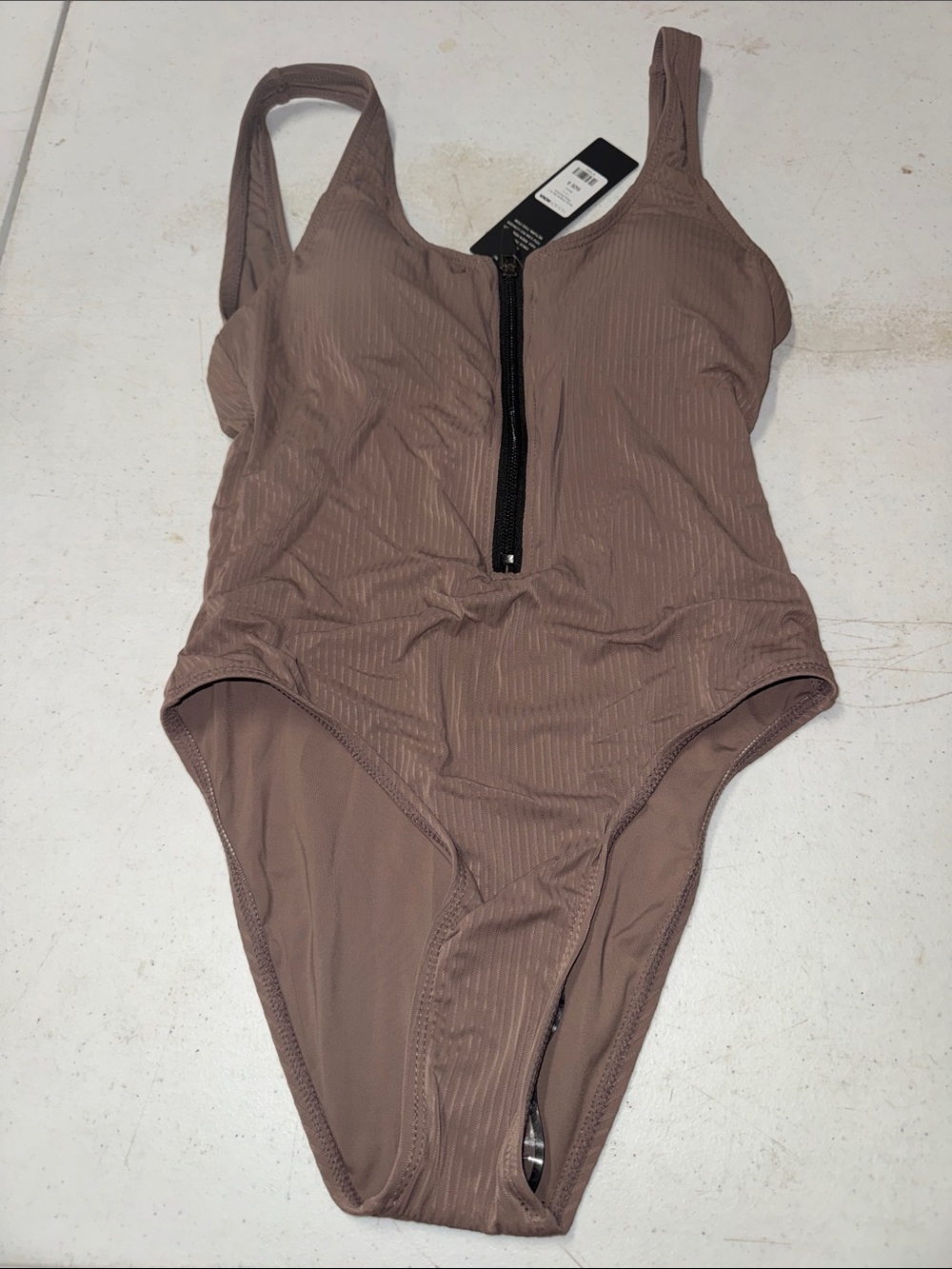 Fashion Nova Ribbed Front-Zip One-Piece Swimsuit - Taupe Brown
